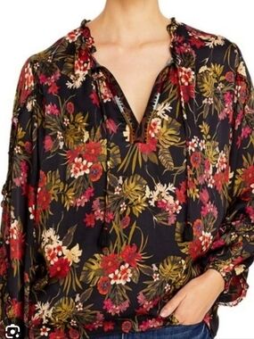 Johnny Was Workshop All Over Floral-Print V Neck Embroidered Boho Top